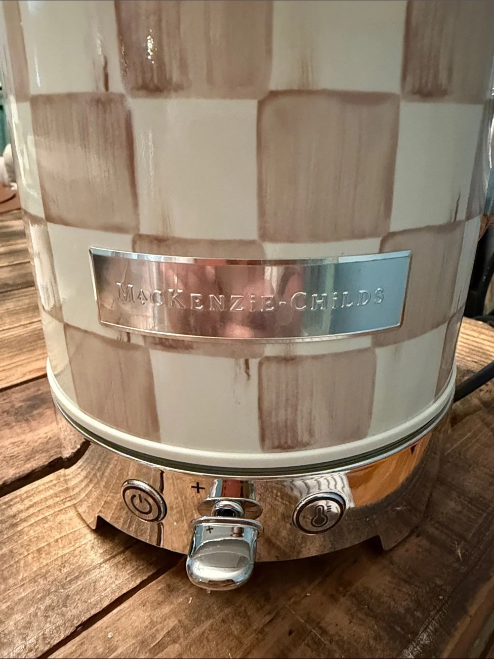 Mackenzie-Childs Mocha Check Electric Kettle with Chrome Accents